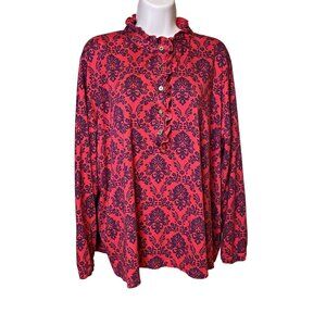 Lands End Womens Red Blouse Modest Ruffle Collar Plus Size 3X Red Blue u